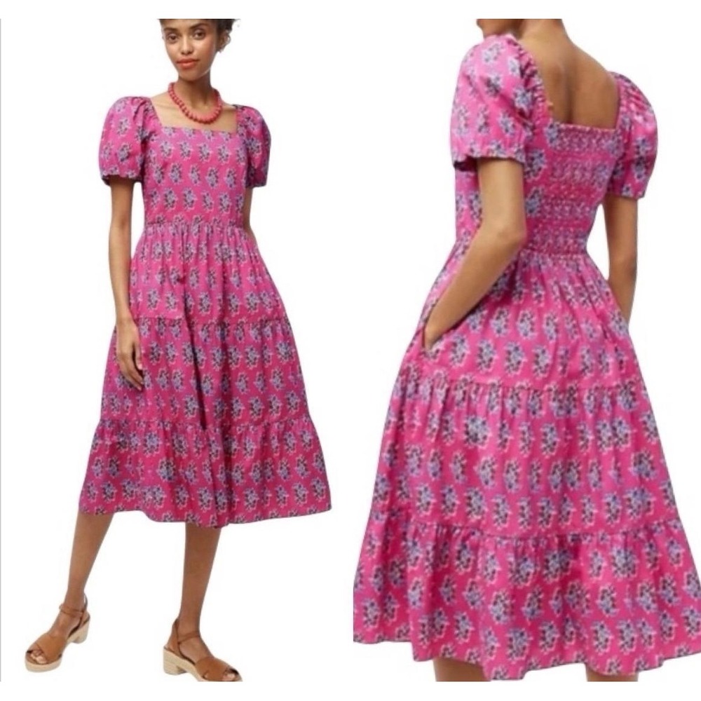 J.Crew Pink Floral Block Print Tiered Midi Dress Puff Sleeve Smocked Back 8